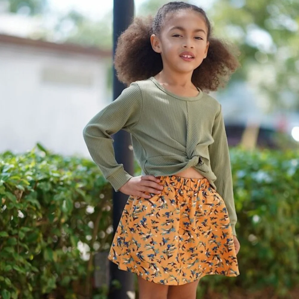 Girls Sage Green Waffle Knit Twist Front Top & Mustard Floral Skirt Set 2pc Boho